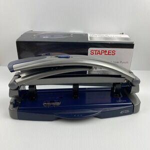 Staples One Touch High-Capacity 45 Sheet 3-Hole Punch Adjustable Blue Silver